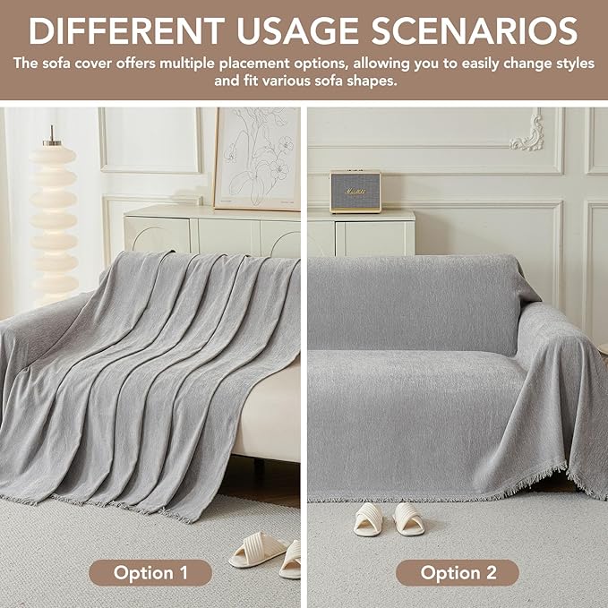 Couch Cover for Dogs, Boho Sofa Covers for 3 Cushion Couch, Chenille Sofa Slipcover for Pets Washable, L-Shape Sectional Couch Loveseat Cover Soft Throw Blankets with Tassels(71x118,Grey)