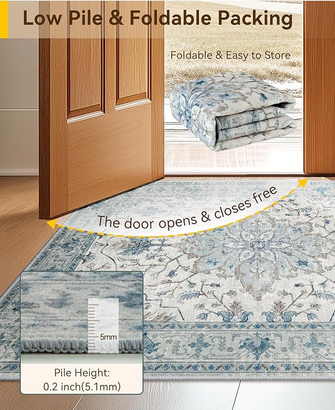 Area Rugs 2'x6' Runner Rug Non Slip Washable for Kitchen Hallway Bedroom Beside Laundry Room Bathroom Rug, Floor Carpet, Light Blue Navy Beige Gray White
