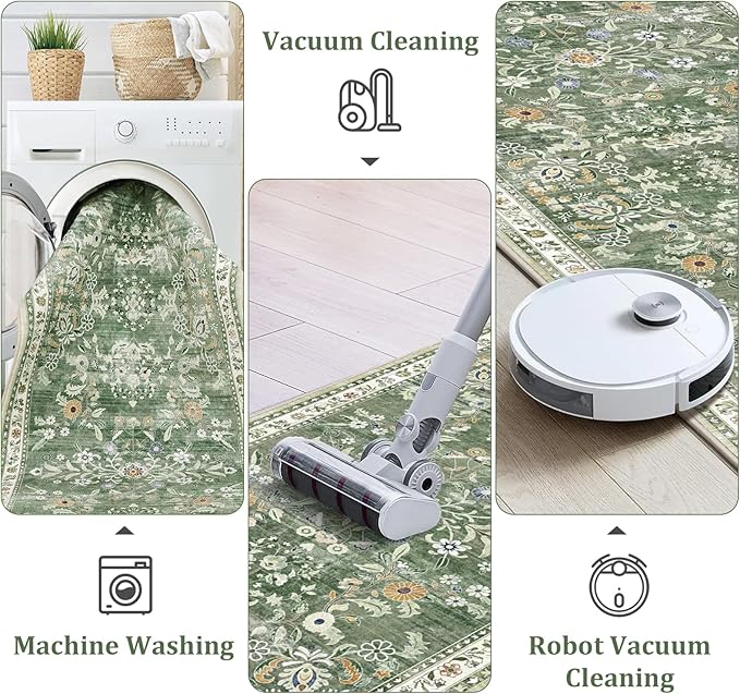 Yamaziot Washable Area Rug 5x7 – Non-Slip Boho Floral Living Room Rug with Rubber Backing, Low Pile Distressed Carpet for Bedroom, Living Room, Dining Room, Green