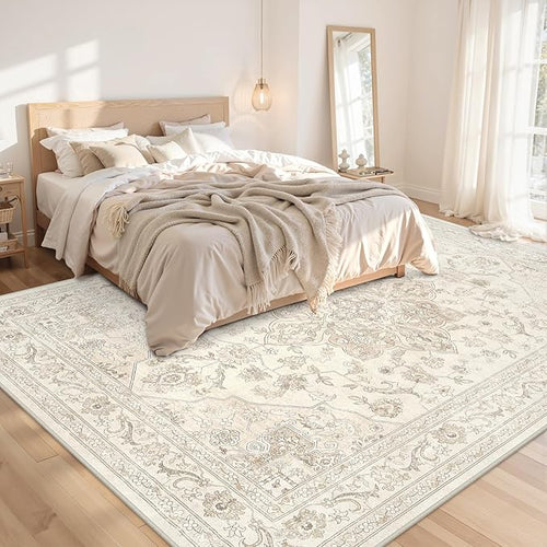 Area Rugs 9x12 Living Room: Vintage Boho Neutral Washable Rug Indoor Soft Large Area Rug Carpet for Bedroom Nursery Farmhouse Dining Room Office Floor Non-Slip Low Pile Under Table Rug Beige White