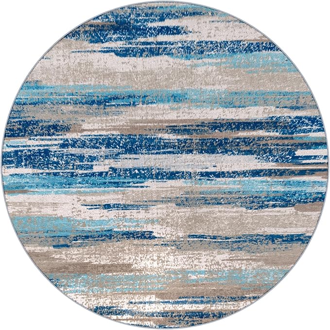 Lansny Modern Abstract Round Rug 3Ft, Blue Round Rug Washable Non-Slip Soft Small Circle Rug, Circular Entryway Rugs Thin Print Faux Wool Carpet Accent Rug for Bedroom Living Room Office Under Desk
