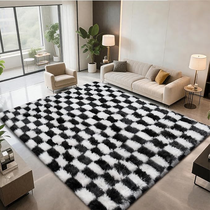 Large Area Rugs for Living Room Bedroom,9x12 Black and White Fluffy Soft Checkered Rug Fuzzy Shag Shaggy Carpet, Indoor Plush Floor Rugs for Kids Boys Girls Teen Dorm Nursery Home Decor