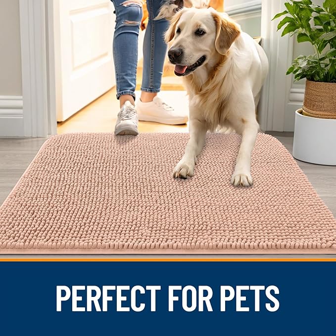 OLANLY Dog Door Mat for Muddy Paws 35x24, Absorbs Moisture and Dirt, Absorbent Non-Slip Washable Doormat, Quick Dry Chenille Mud Mat for Dogs, Entry Indoor Entryway Carpet for Inside Floor, Peach
