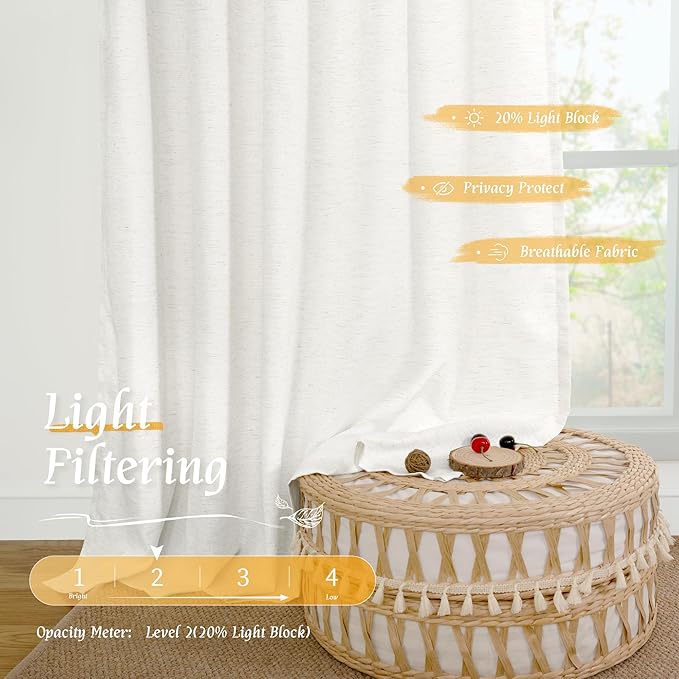 LAMIT Natural Linen Curtains for Bedroom, 84 Inch Length Faux Linen Textured Light Filtering Drapes Rod Pocket Window Treatment Panels for Living Room, Set of 2 Panels, 52 x 84 Inch, Ivory White