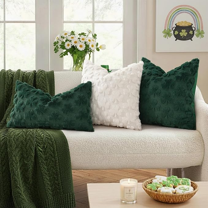 decorUhome St. Patrick’s Day Shamrock Pillow Covers 16x16 Inch Set of 2, Soft Plush Faux Wool Cream White Throw Pillow Covers, Farmhouse Spring Holiday Decor for Sofa Living Room