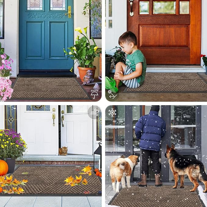 Smiry Front Door Mat Outside Entrance, Heavy Duty Sturdy Natural Rubber Doormat, Trap Dirt and Moisture, Easy Clean Low Profile Mats for Indoor Outdoor Entry, Irregular Triangle (59x40, Brown)