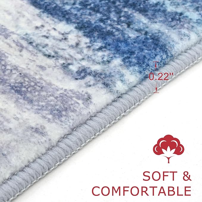 KOZYFLY Modern Abstract Kitchen Runner Rug, 2x10 Washable Rug Runner Non-Slip Soft Striped Hallway Runner Rugs, Blue/Grey/Beige Print Carpet Runner for Entryway Bathroom Laundry Room Foyer