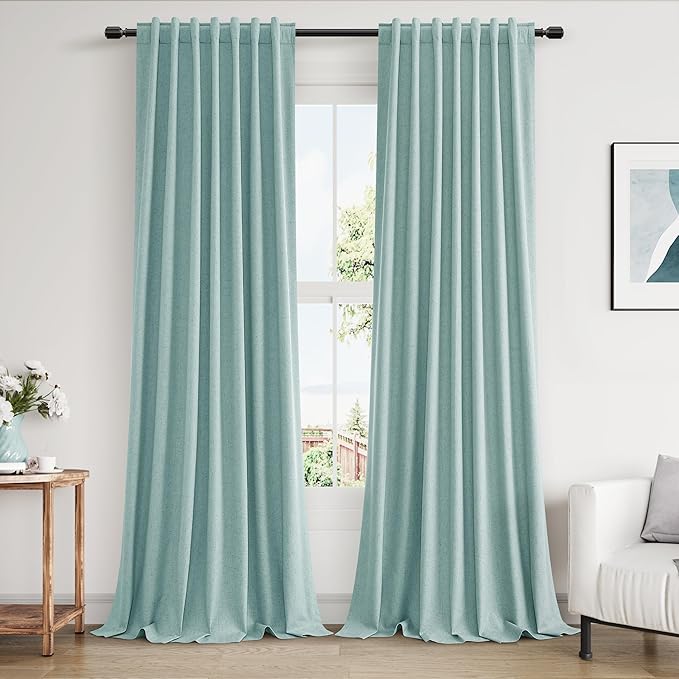 Guken Light Blue 100% Blackout Linen Curtains 100 Inch Length 2 Panels Set for Living Room Back Tab Thermal Insulated Black Out Drapes Room Darkening Farmhouse Style for Bedroom Window Curtains
