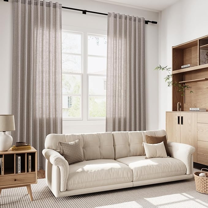 Nanspring Brownish Grey Linen Curtains for Living Room 86 Inches Long Back Tab Light Filtering Semi Sheer Curtain Modern Farmhouse Decor for Bedroom Office Luxury Textured Drapes 52x86, 2 Panels