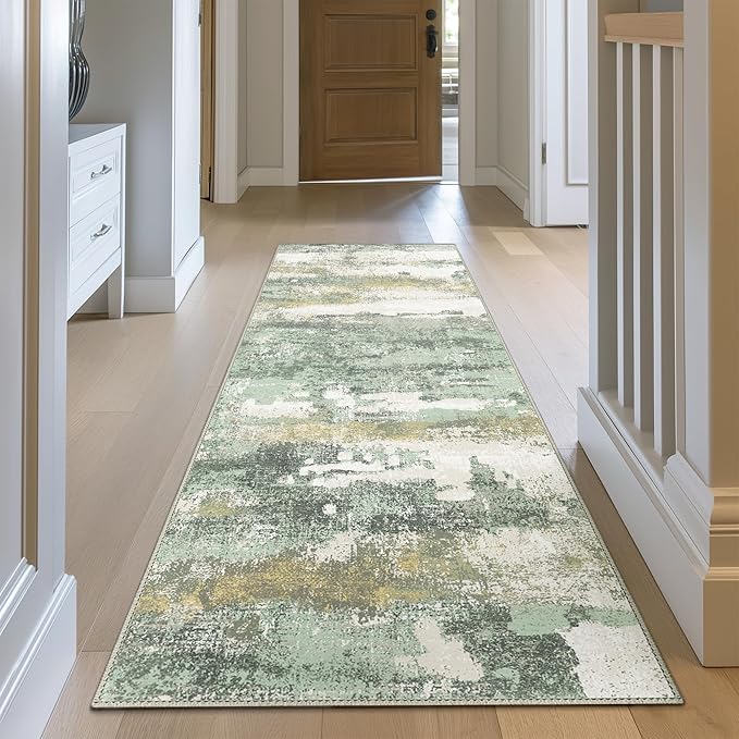 BEIMO Runner Rug for Hallway Kitchen, 3x8 Machine Washable Runners Rug for Entryway, Soft Modern Abstract Throw Rugs, Low Pile Floor Cover with Non Slip Backing, Light Green