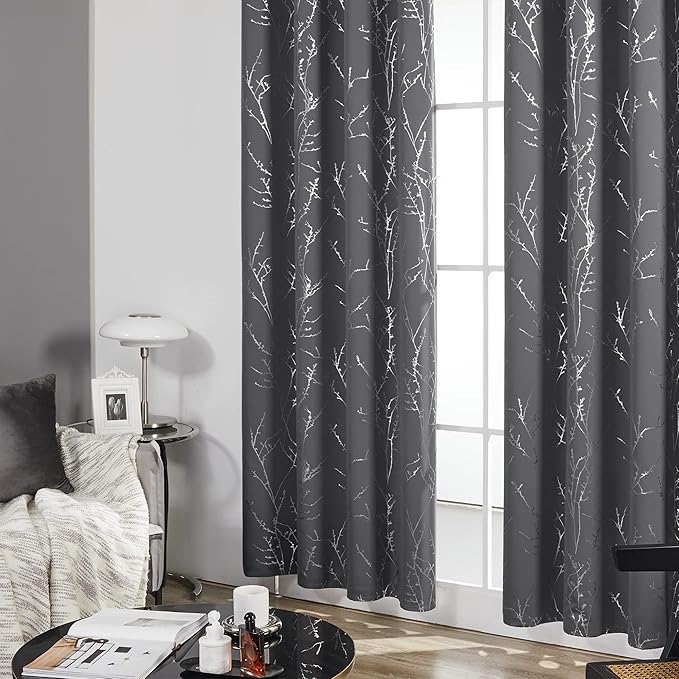 Deconovo Blackout Curtains Grey, Thermal Insulated Soundproof Drapes, Silver Branch Foil Print, 42 x 54 Inch, 2 Panels, Machine‑Washable Privacy Window Panel for Living Room Bedroom Small Windows