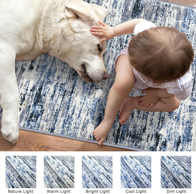 Lansny Modern Abstract Small Area Rug Indoor 3x5 Washable Rug Non-Slip Soft Entryway Rug Grey Blue White Kitchen Mats Thin Print Faux Wool Floor Carpet Throw Rugs for Entrance Bedroom Home Decor