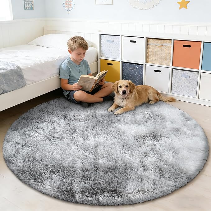 Tie-Dyed Fluffy Round Rug,Soft Area Rugs for Girls Room,Shaggy Rugs 3'X3' for Living Room,Non Slip Circle Rug for Kids Bedroom,Shag Plush Nursery Rug,Plush Carpet for Dorm,Furry Room Decor,Light Grey