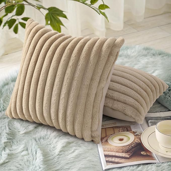 decorUhome Cozy Faux Fur Throw Pillow Covers 18x18 Set of 2 Decorative Soft Plush Striped Modern Farmhouse Boho Couch Pillow Cases with Velvet Back for Sofa Bed Living Room, Khaki Brown