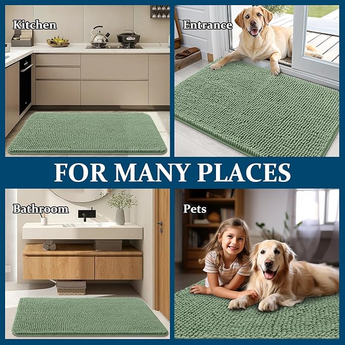 OLANLY Dog Door Mat for Muddy Paws 50x30, Absorbs Moisture and Dirt, Absorbent Non-Slip Washable Doormat, Quick Dry Chenille Mud Mat, Entry Indoor Entryway Carpet for Inside Floor, Olive Green