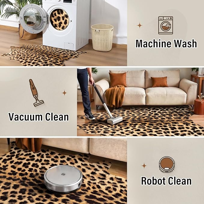 AROGAN Premium Leopard Print Rug 4.6x5.2 Feet, Machine Washable Faux Fur Cheetah Rug, Non-Slip Animal Print Hide Leopard Skin Area Rug for Bedroom Living Room Home Decor