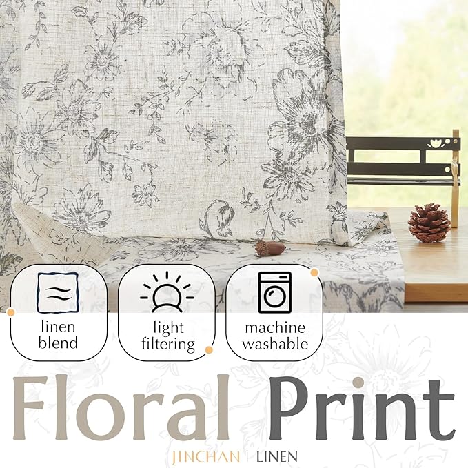 jinchan Linen Blend Curtain Floral Curtains for Living Room 45 Inch Length Grey Printed Curtain Rod Pocket Back Tab Farmhouse Peony Flower Patterned Drapes Bedroom Window Curtains Set 2 Panels