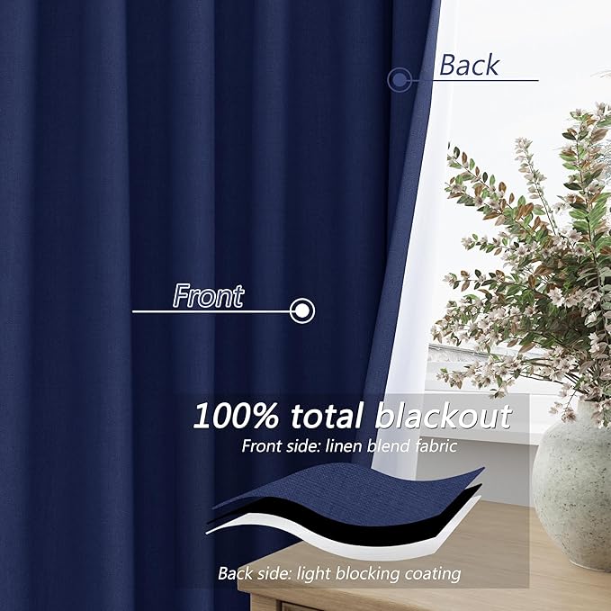 Guken Classic Blue 100% Blackout Linen Curtains 90 Inch Length 2 Panels Set for Living Room Bedroom Back Tab Rod Pocket Thermal Insulated Black Out Drapes Room Darkening Window Curtains