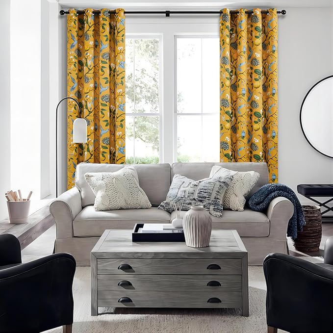 Topfinel 105 Inches Long Mustard Yellow Luxury Curtains for Living Room Bedroom, Blackout Vintage Art Deco Victorian Curtains Floral Lemon Hummingbird Printed Grommet Drape 105 Inch Length
