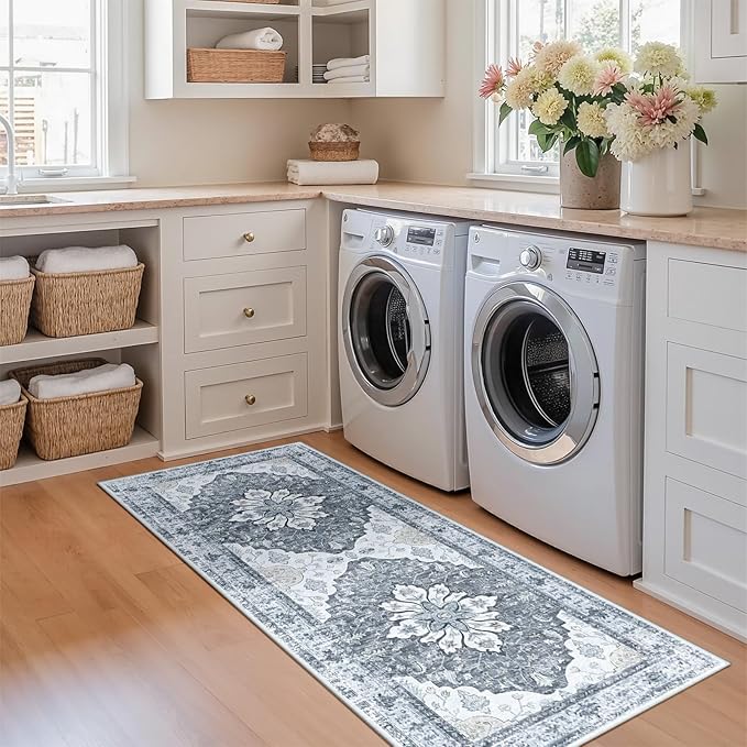 Area Rugs 2'x6' Runner Rug Non Slip Washable for Kitchen Hallway Bedroom Beside Laundry Room Bathroom Rug, Floor Carpet, Light Gray Grey White