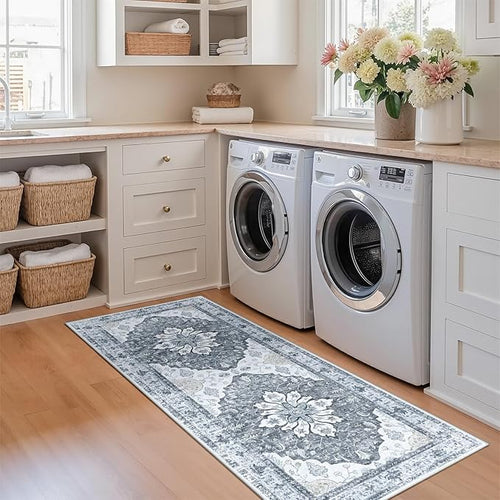 Area Rugs 2'x6' Runner Rug Non Slip Washable for Kitchen Hallway Bedroom Beside Laundry Room Bathroom Rug, Floor Carpet, Light Gray Grey White