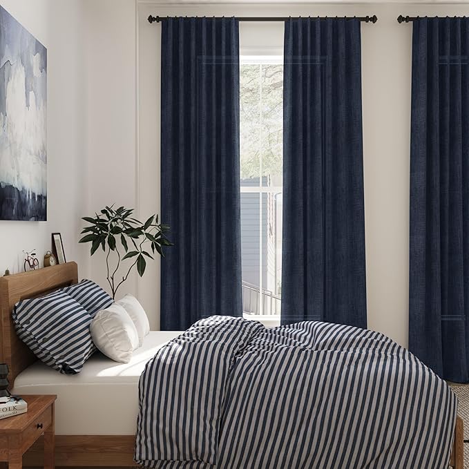 Nanspring Navy Blue Extra Long Curtain 102 inches Long 2 Panels Set for Living Room Back Tab Modern Farmhouse Coastal Decor Cotton Textured Blue Sheer Linen Curtains for High Window 52x102 Indigo