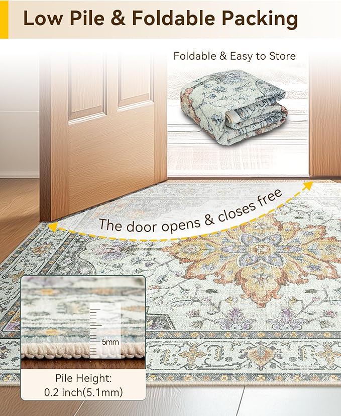 RELEANY Area Rugs 2'x5' Runner Rug Non Slip Washable for Kitchen Hallway Bedroom Beside Laundry Room Bathroom Rug, Floor Carpet, Light Yellow Carbon Grey Orange