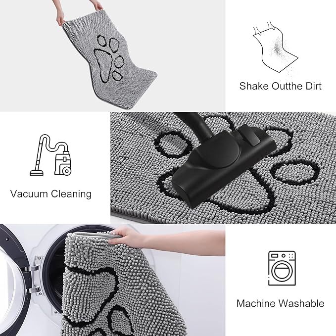 Smiry Dog Door Mat for Muddy Paws, Absorbent Dirt Trapper Non Slip Quick Dry Washable Chenille Mat for Mud Dogs, Entry Rug for Indoor and Outdoor (71x46 Inches, Grey and Black)
