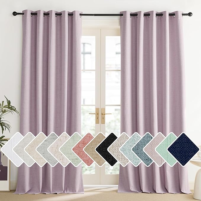 NICETOWN Pink Vintage Linen 100% Blackout Curtains for Living Room, Thermal Insulated Curtains 84" Long, Noise Reducing Window Treatment Drapes for Dining Room, 62" Wide Per Panel, Set of 2