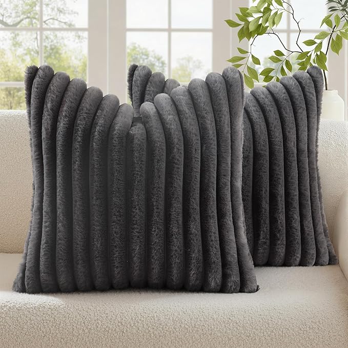 decorUhome Cozy Faux Fur Throw Pillow Covers 26x26 Set of 2 Decorative Soft Plush Striped Modern Farmhouse Boho Couch Euro Sham Pillow Cases with Velvet Back for Sofa Bed Living Room, Dark Grey