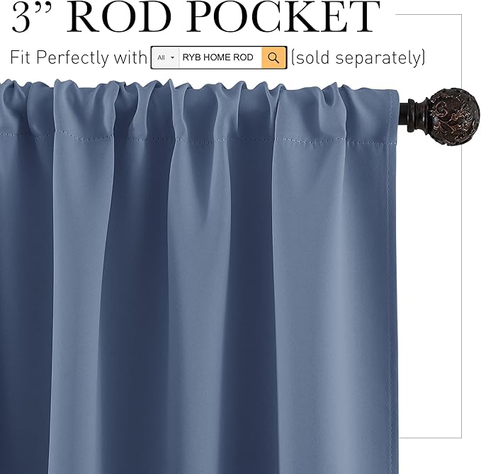 RYB HOME Blackout Cafe Curtains 30 inch Length, Short Light UV Heat Blocking Energy Saving Privacy Curtain Tiers for Basement Bathroom Kitchen Window, Width 29 by Length 30, Stone Blue, 2 Panels