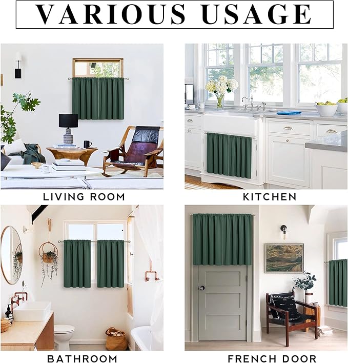 RYB HOME Blackout Privacy Bathroom Window Curtains, Short Thermal Insulated Heat Blocking Privacy Rod Pocket Half Window Curtain Tiers for Nursery Bedroom, Width 42 by Length 30, Dark Green, 2 Panels