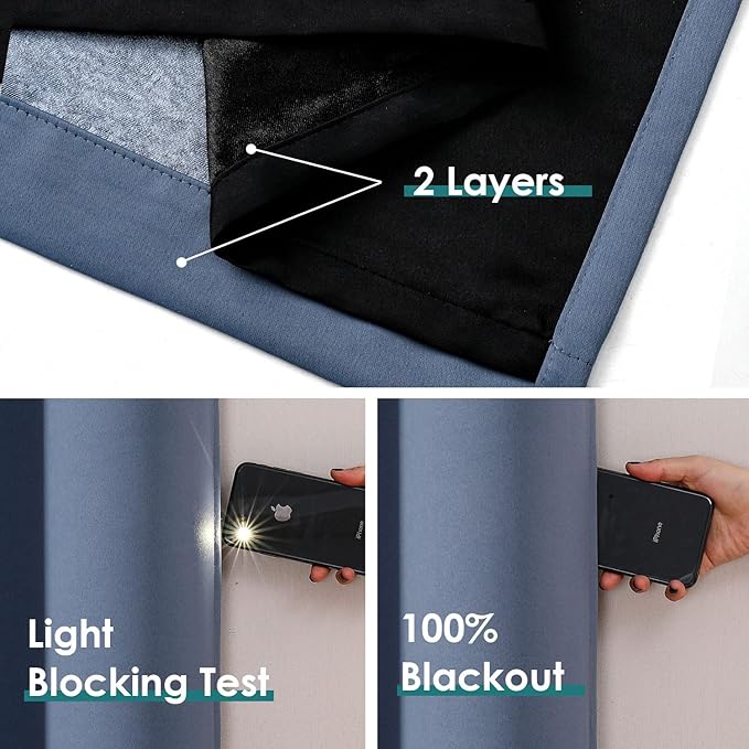 ChrisDowa 100% Blackout Curtains 90 inch Long for Bedroom with Black Liner, 2 Thick Layers Total Blackout Thermal Insulated Grommet Long Window Curtains 2 Panels Set (Stone Blue, 52 x 90 Inch)