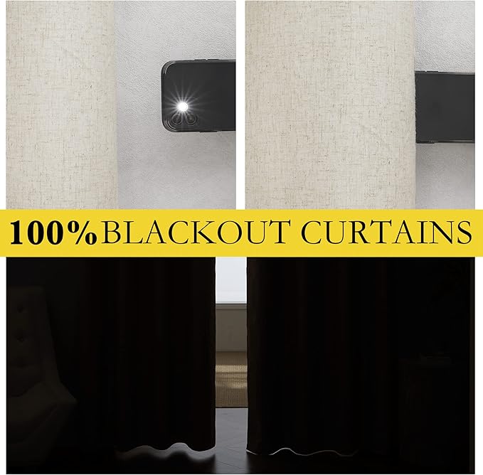 NICETOWN Natural Full Blackout Boho-Chic Linen Curtains 80 inch Long 2 Panels Set for Cafe Window, 34 inch Wide, Thick Linen Blend Drapes, Insulated Window Covers Draperies with White Backing