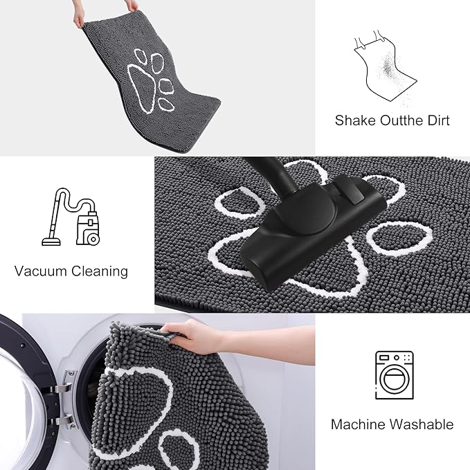 Smiry Dog Door Mat for Muddy Paws, Absorbent Dirt Trapper Non Slip Quick Dry Washable Chenille Mat for Mud Dogs, Entry Rug for Indoor and Outdoor (54x24 Inches, Dark Grey and White)