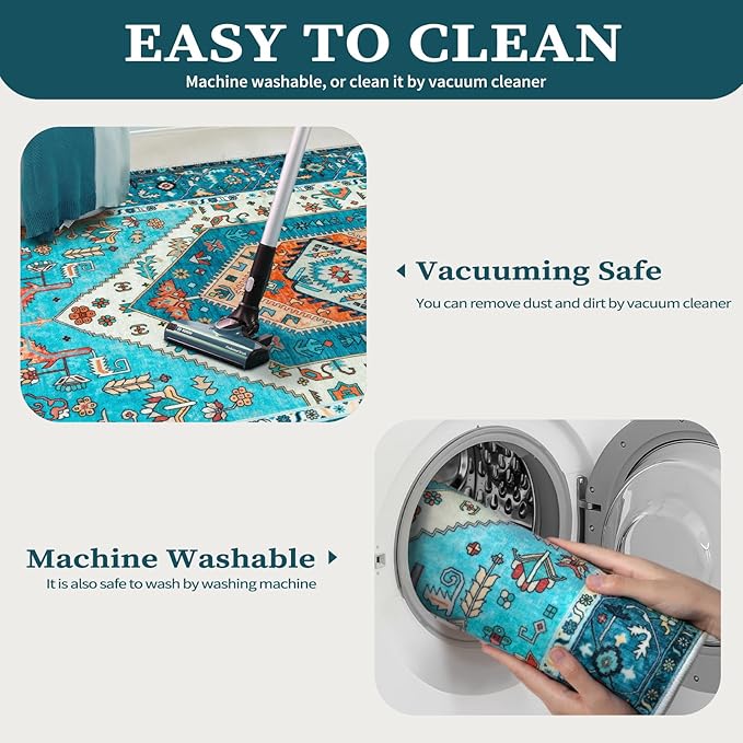 SERISSA 8x10 Area Rugs Blue, Washable Large Boho Rugs for Living Room, Ultra Soft Non-Slip Bedroom Rug Print Distressed Vintage Tribal Farmhouse Carpet Rug for Dining Room Dorm Office Home Decor