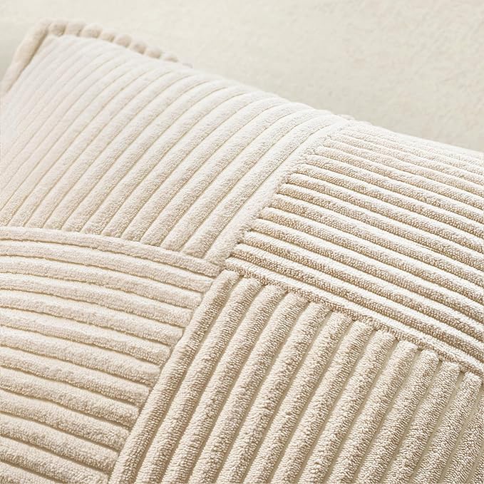 MIULEE Decorative Lumbar Throw Pillow Covers for Couch Bed Livingroom 12x24 Inch Set of 2 Beige Boho Accent Throw Pllows Broadside Striped Patchwork Soft Corduroy Pillowcases