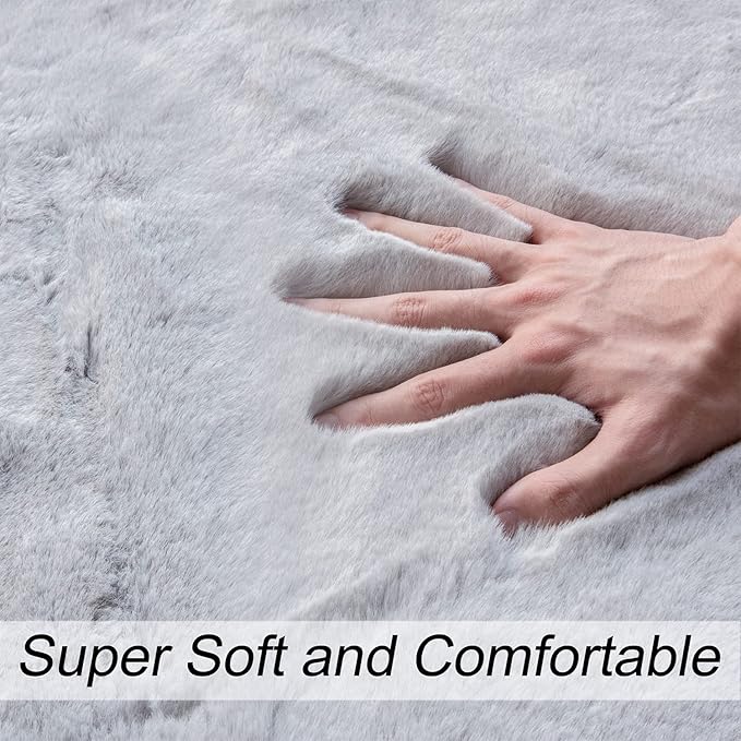 ORINOVA Silver Grey Round Rugs 8ft Shag Washable Area Rugs for Bedroom Faux Bunny Fur Circle Rug for Living Room Large Sheepskin Nursery Rug Home Décor