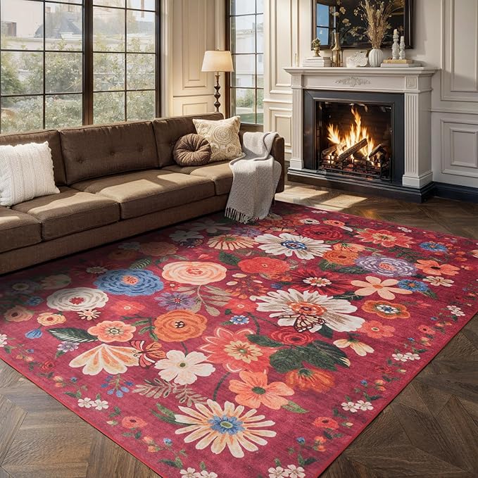 Area Rugs 10x14 Living Room, Non Slip Machine Washable Floral Rugs, Low Pile Lightweight Large Rug for Bedroom, Dining Room, Home Office(10 x 14, Red Garden)
