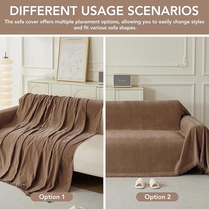 Couch Cover for Dogs, Boho Sofa Covers for 2 Cushion Couch, Chenille Sofa Slipcover for Pets Washable, L-Shape Sectional Couch Loveseat Cover Soft Throw Blankets with Tassels(71x102,Coffee)
