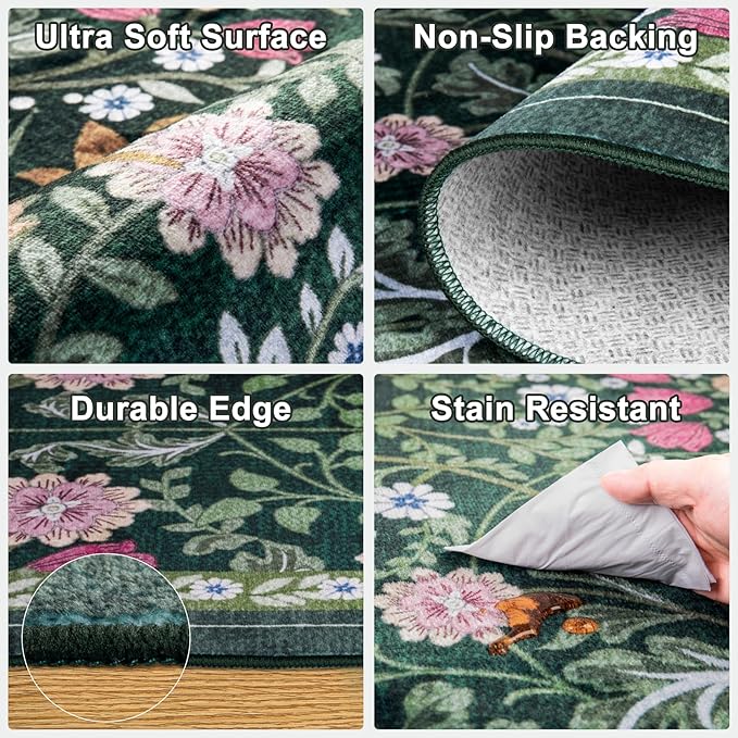 Round Area Rug for Living Room: 6 ft Floral Washable Circle Rug Soft Boho Non-Slip Carpet Indoor Stain Resistant Low Pile Small Circular Rug for Bedroom Entryway Kitchen Nursery Home Office Dark Green