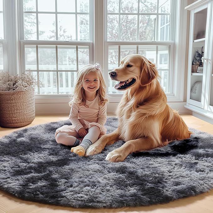 ONASAR Round Rugs 6ft for Living Room Bedroom, Tie-Dyed Dark Grey Fluffy Circle Area Rug for Kids Girls Boys Teen, Soft Plush Shaggy Carpet for Nursery Dorm Classroom Playroom Home Decor Aesthetic