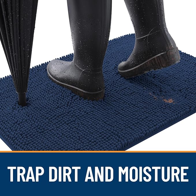 OLANLY Dog Door Mat for Muddy Paws 32x20, Absorbs Moisture and Dirt, Absorbent Non-Slip Washable Doormat, Quick Dry Chenille Mud Mat for Dogs, Entry Indoor Entryway Carpet for Inside Floor, Dark Blue