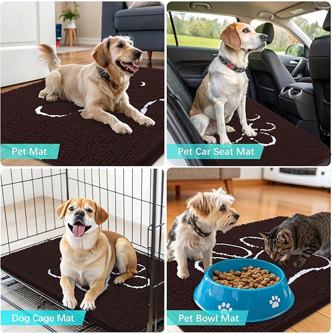 OLANLY Dog Door Mat for Muddy Paws 44x24, Paw Print Design, Absorbs Moisture and Dirt, Absorbent Non-Slip Washable Doormat, Quick Dry Chenille Mud Mat for Dogs, Entry Indoor Entryway Carpet, Brown