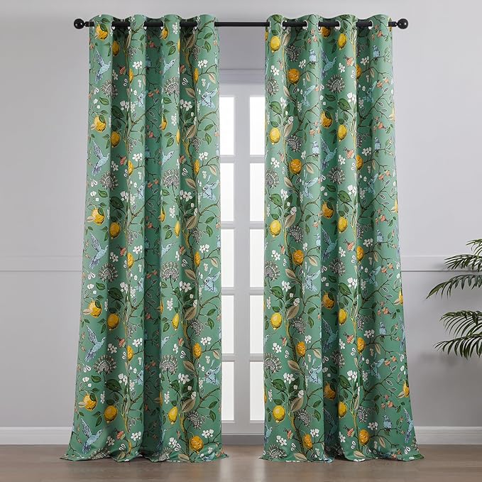 Topfinel 90 Inches Long Curtains,Whimsical Woodland Leaf Jungle Forest Flower Hummingbird Victorian Grommet Thick Sage Green Curtains Two Pages for Balcony Sliding Glass Office Bedroom Living Room