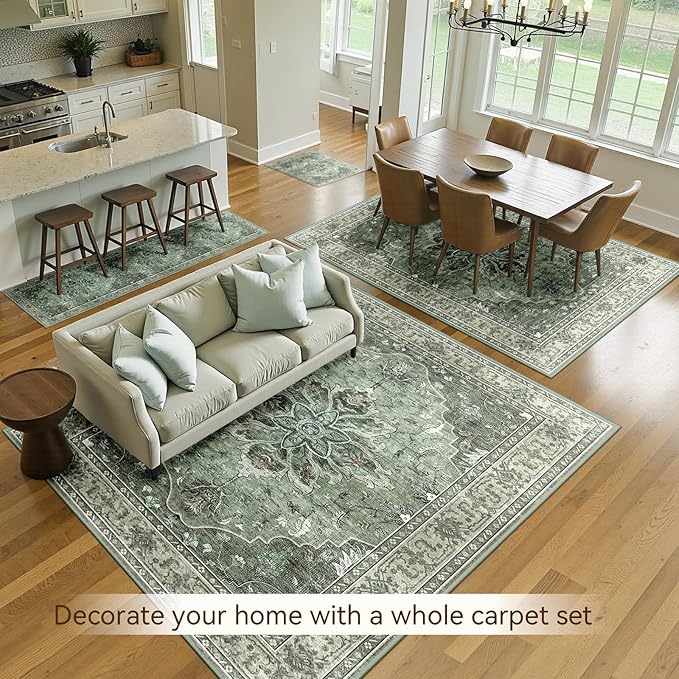 RELEANY Area Rugs 5'x7' Washable Non-Slip, Floral Vintage Distress Print Pattern Medallion Carpet for Living Room Bedroom Dining Room, Dark Green Gray