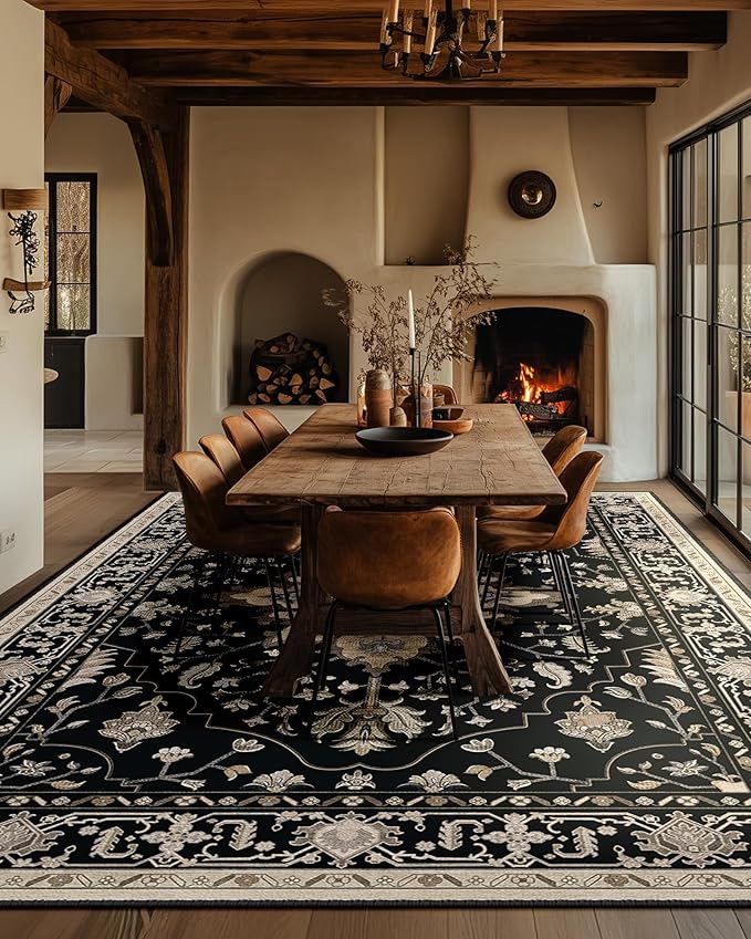 Area Rugs 10'x14' Washable Non-Slip, Floral Vintage Distress Print Pattern Medallion Carpet for Living Room Bedroom Dining Room, Black Brown Neutral Dark Tan