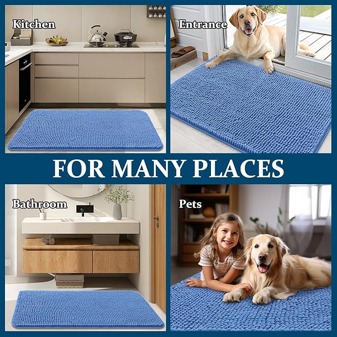 OLANLY Dog Door Mat for Muddy Paws 32x20, Absorbs Moisture and Dirt, Absorbent Non-Slip Washable Doormat, Quick Dry Chenille Mud Mat, Entry Indoor Entryway Carpet for Inside Floor, Cornflower Blue
