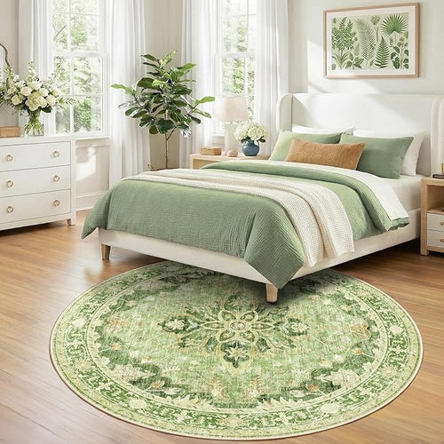 Area Rugs 7ft Washable Non-Slip, Floral Vintage Distress Print Pattern Medallion Carpet for Living Room Bedroom Dining Room, Sage Green Yellow