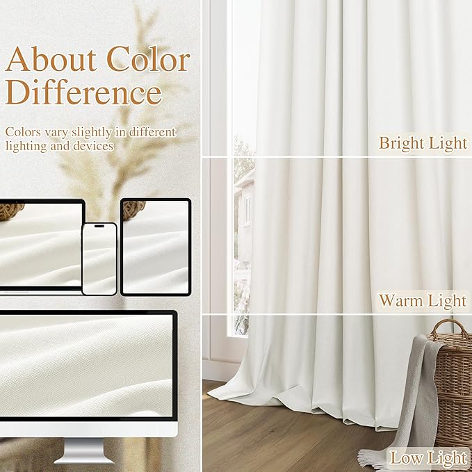 Guken Ivory 100% Blackout Linen Curtains 108 Inch Length 2 Panels Set for Living Room Bedroom Back Tab/Rod Pocket Thermal Insulated Black Out Drapes Room Darkening Farmhouse Window Curtains